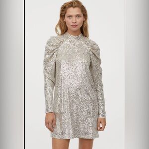 New H&M sequin champagne midi dress long sleeve